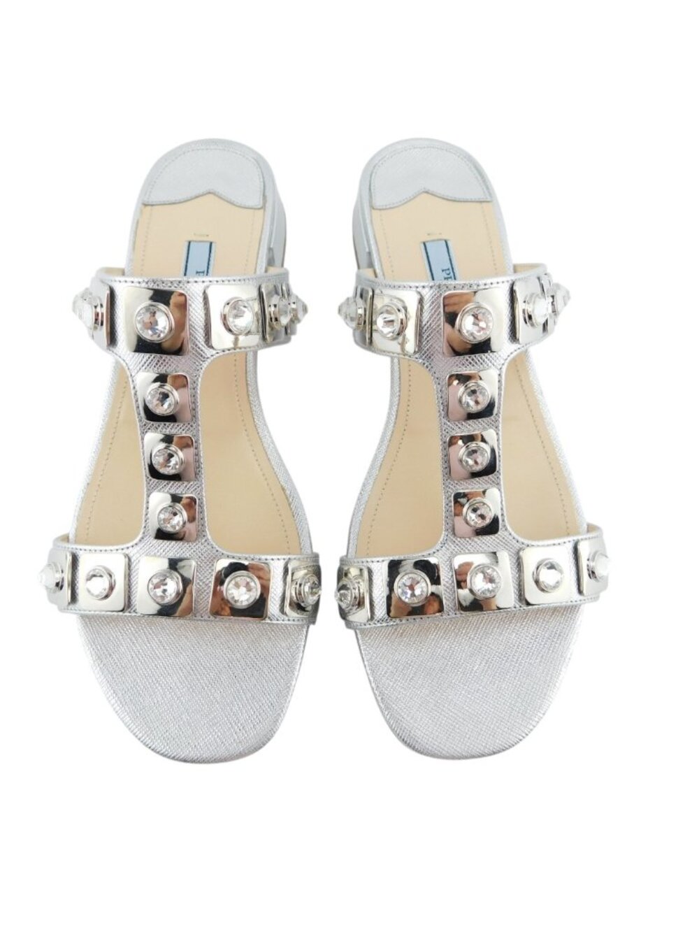 PRADA Crystal Embellished Silver Saffiano T-Strap Block Heel Slide Sandals 37.5